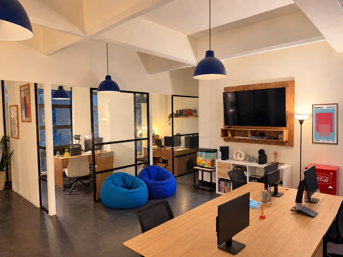 Open work area at Marín Ortega, with glass partitions and blue pendant lights