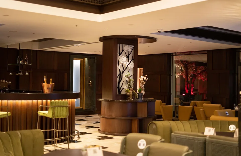 Reception and lounge area in an Istanbul hotel; editorial photograph